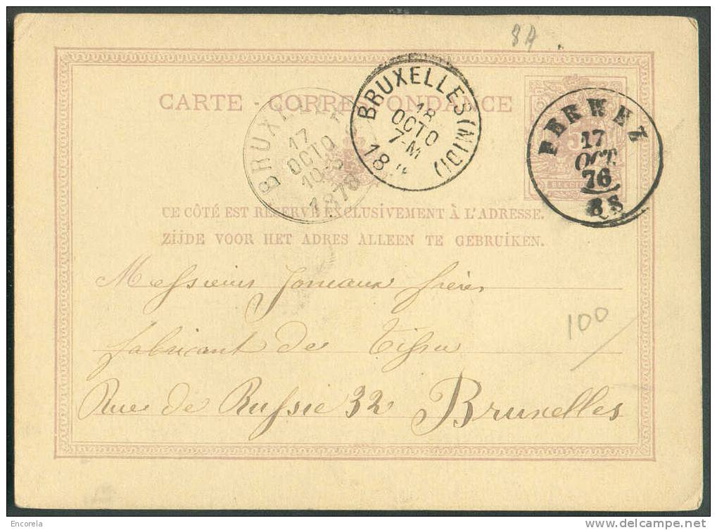 Cachet DOUBLECERCLE  Sur Entier Postal Lion Couché  - PERWEZ 1876 - Rare NIPA 750 X 3 -- 6259 - Briefkaarten 1871-1909