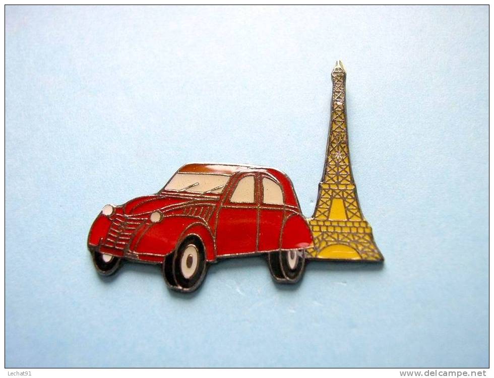 Pins Citroen  2CV  Rouge Avec Tour Eiffel - Citroën