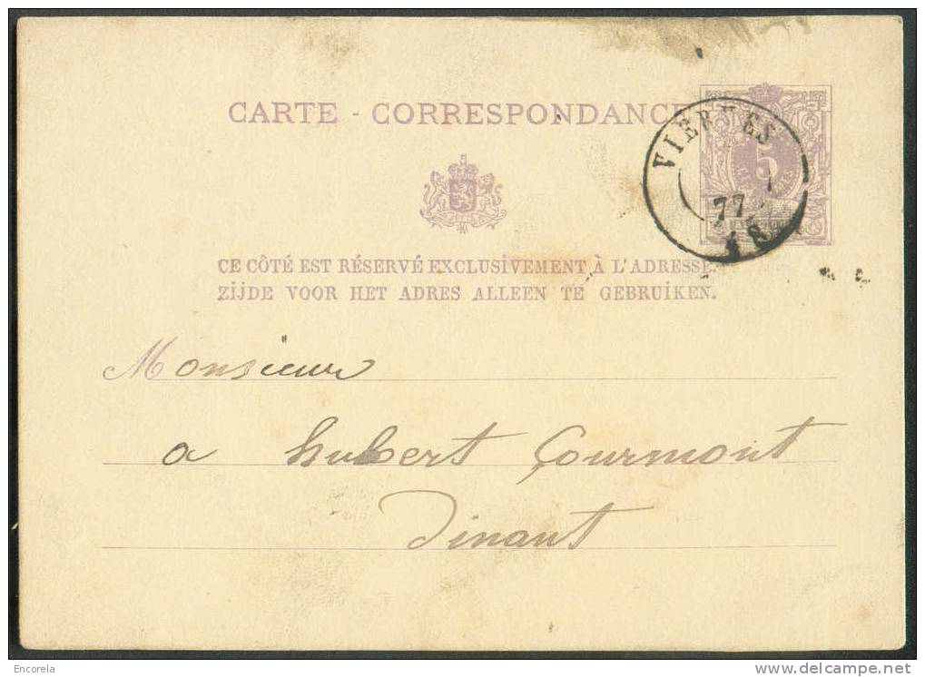 Cachet DOUBLECERCLE  Sur Entier Postal Lion Couché  - VIERVES 1877 - NIPA 400 X 3 -- 6269 - Tarjetas 1871-1909