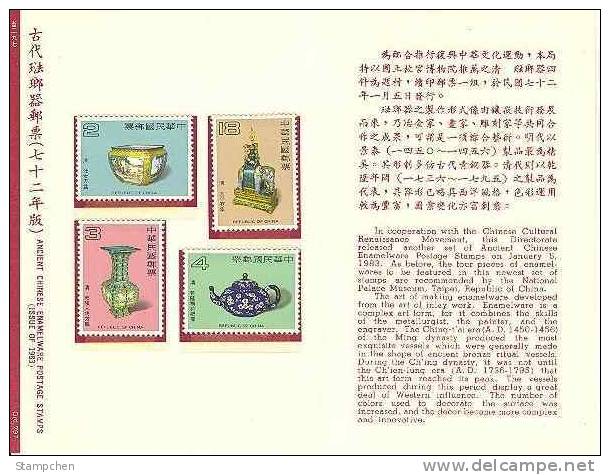 Folder Taiwan 1983 Ancient Chinese Art Treasures Stamps - Enamel Cloisonne Elephant Teapot - Nuovi