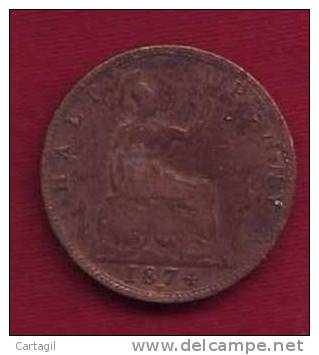 Pièce Grande Bretagne 0.5 Penny 1874  - (état : Voir Scan Recto Verso)-Envoi Gratuit - Otros & Sin Clasificación