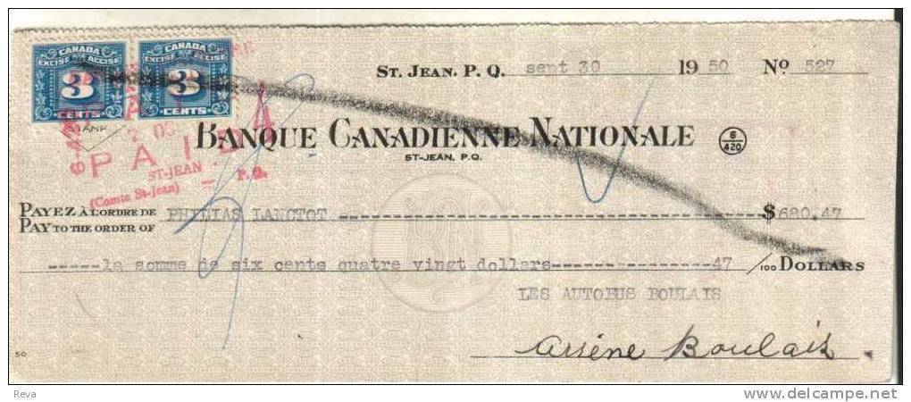 CANADA CHEQUE FROM BANQUE CANADIENNE NATIONALE WITH STAMPS ISSUED ST.JEAN P.Q. DATED 30-09-1950 READ DESCRIPTION - Canada