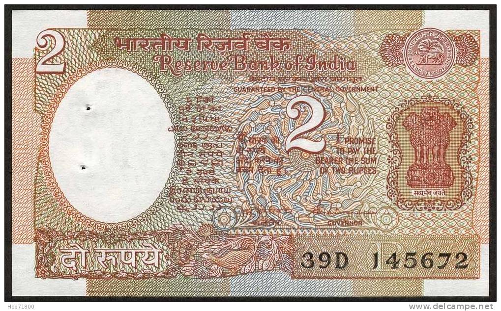 Billet De Banque Neuf - 2 Rupees - N° 39D J45672 - 2 Trous D'agrafe - Reserve Bank Of India - Inde - 1976 - Indien