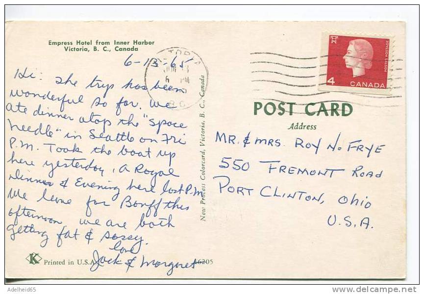 Lot 2 Postcards C.P.R. Empress Hotel, Harbor, Boats, Victoria B.C. To Port Clinton, Ohio - Victoria
