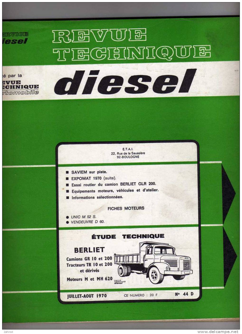 Revue Tech -Diesel -Berliet -CamionsGR 10,200  TracteursTR 10,200-MoteurM MH620   -  N° 44 D - Auto
