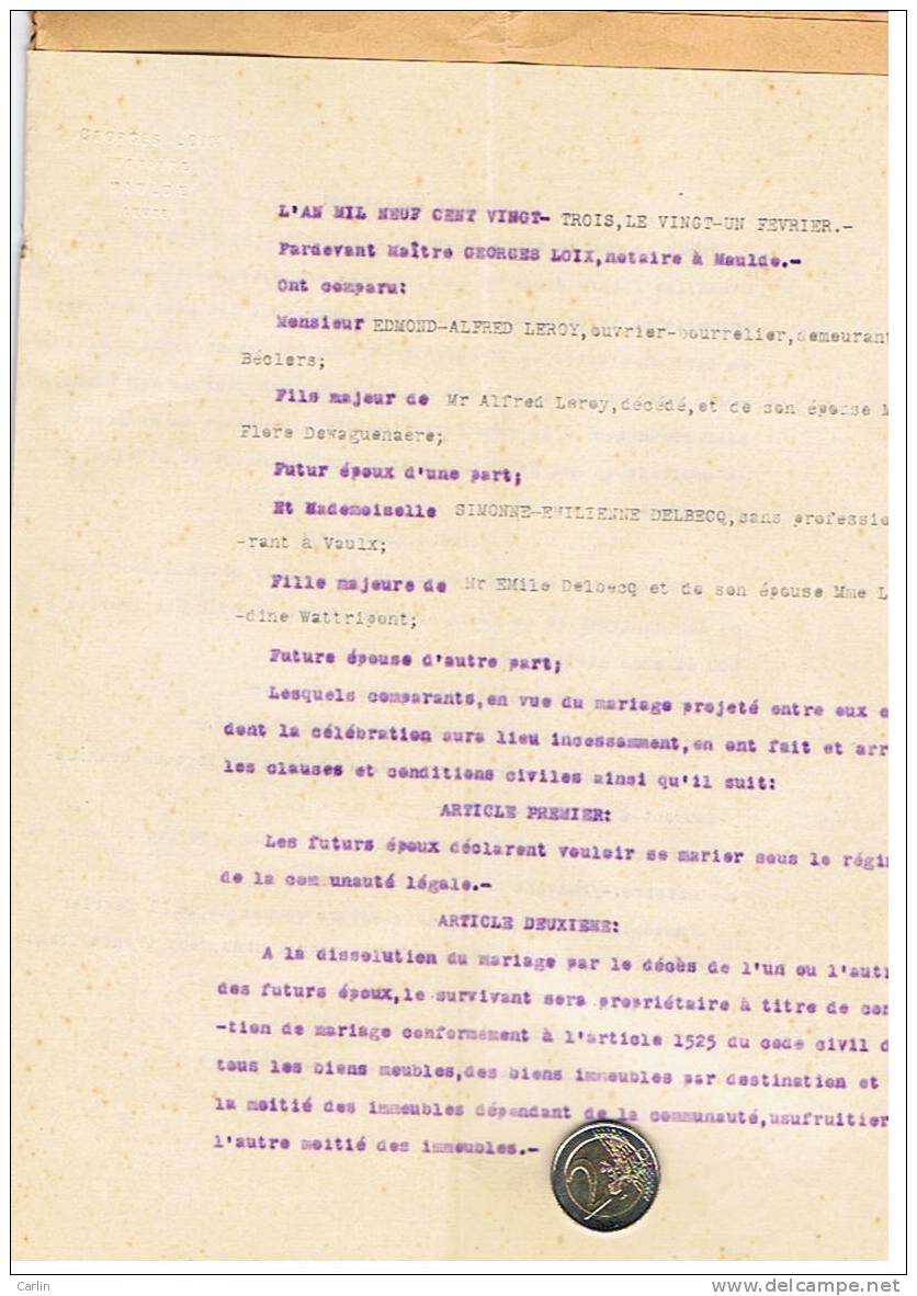 Contrat De Mariage Entre Edmond Leroy De Bèclers Et Simone Delbecq De Vaulx (Tournai) - Non Classés