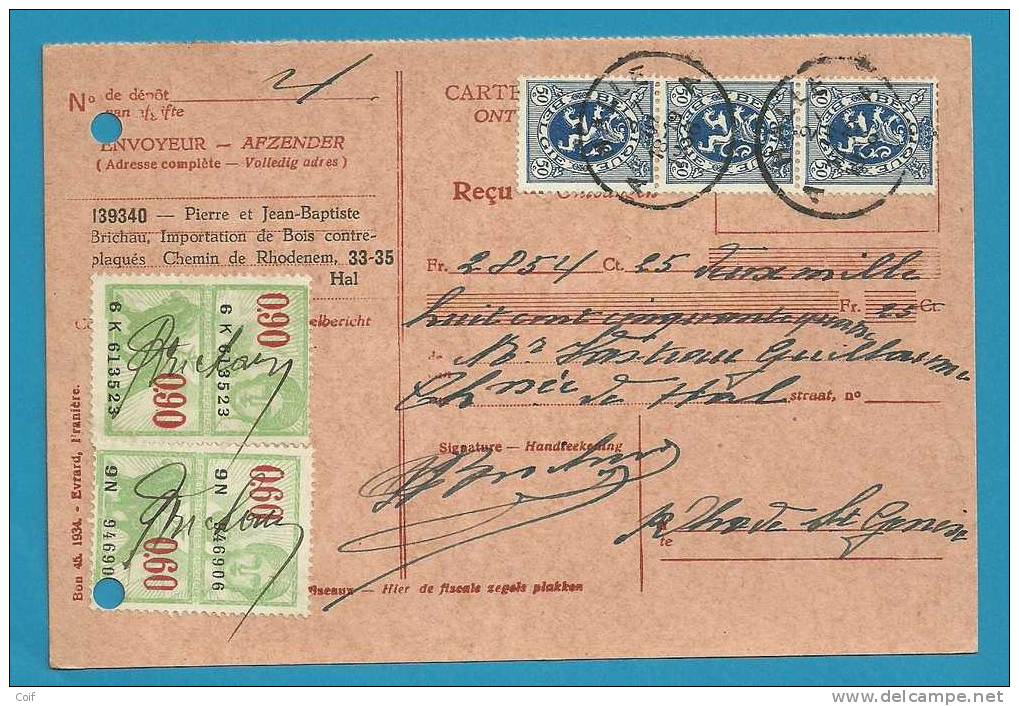 285 Op Ontvangkaart/Carte-récépissé Met Stempel HALLE  (met Fiscale Zegel) - 1929-1937 Heraldieke Leeuw