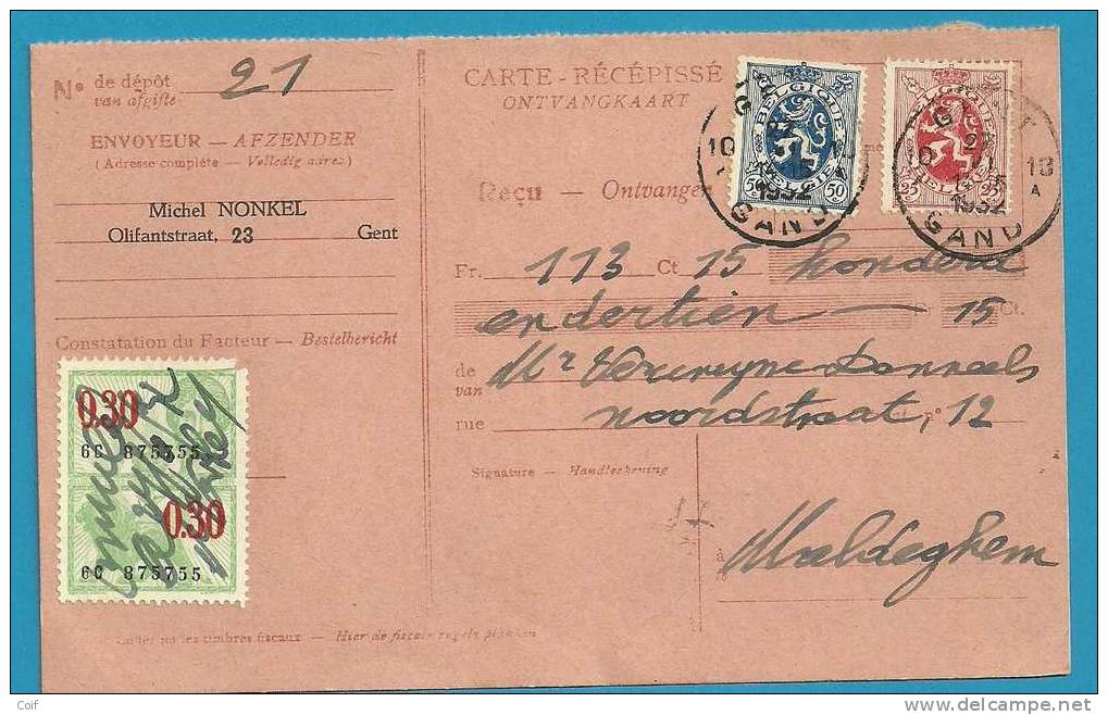 282+285 Op Ontvangkaart/Carte-récépissé Met Stempel GENT  (met Fiscale Zegel) - 1929-1937 León Heráldico