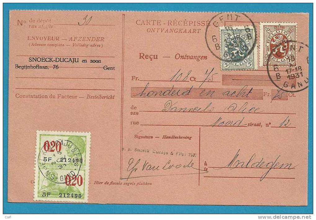 279+287 Op Ontvangkaart/Carte-récépissé Met Stempel GENT  (met Fiscale Zegel) - 1929-1937 Lion Héraldique