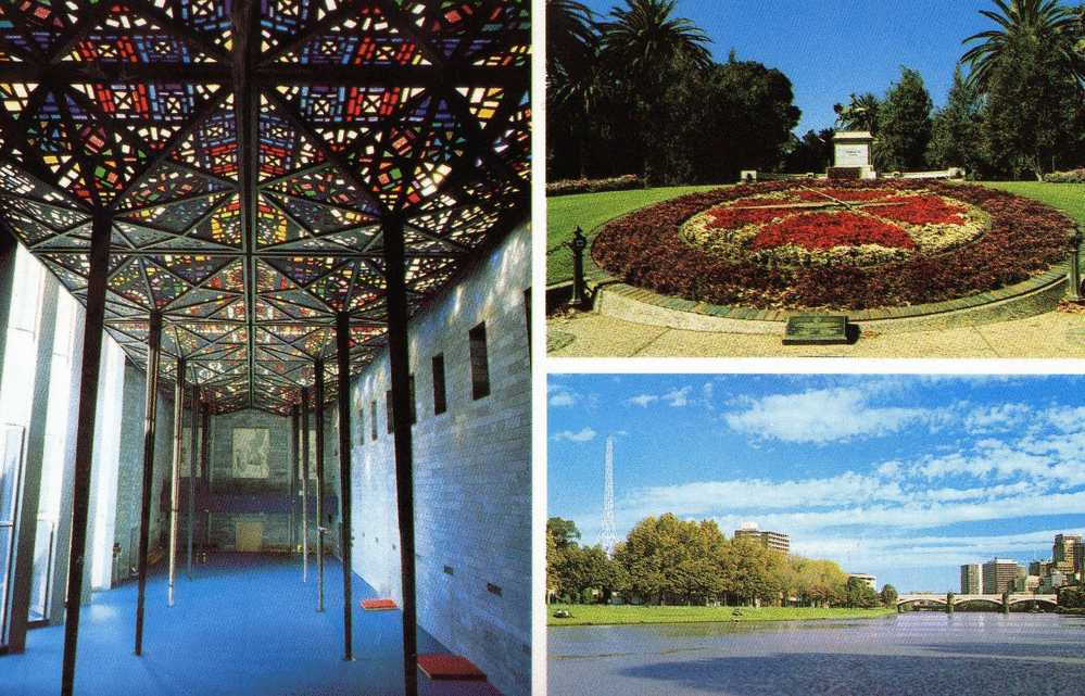 Australia Melbourne The Great Hall, National Gallery - Floral Clock - Yarra River - 1982 Pre-Stamped PCs Series 1V - Melbourne