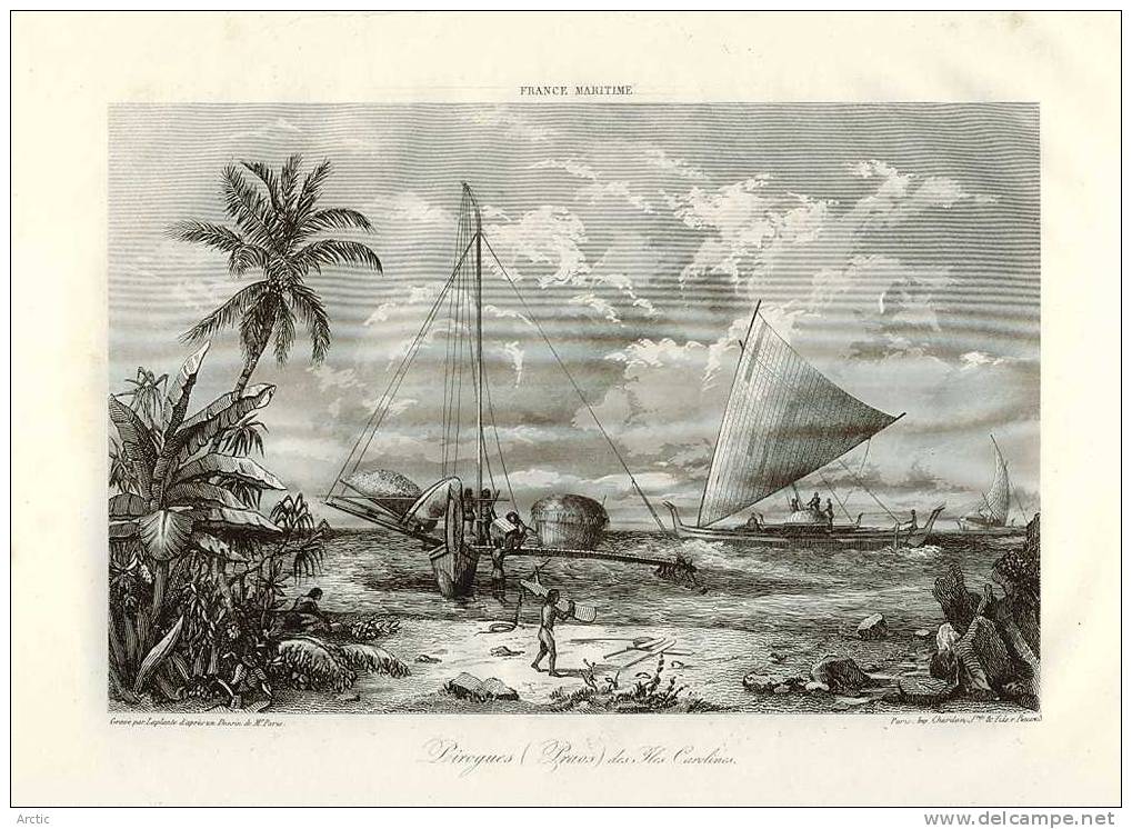 Eaux Forte Issue De France Maritime  Pirogues (Praos) Des Iles Carolines Par Mr Paris Gravé Par Laplante - Artis Historia