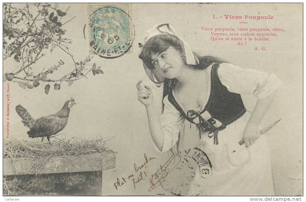Cpa,humouristique,1905,la   Poule Et La Femme,approche Qu´on Te Mette à La Broche,caricature Bergeret,rare - Sonstige & Ohne Zuordnung