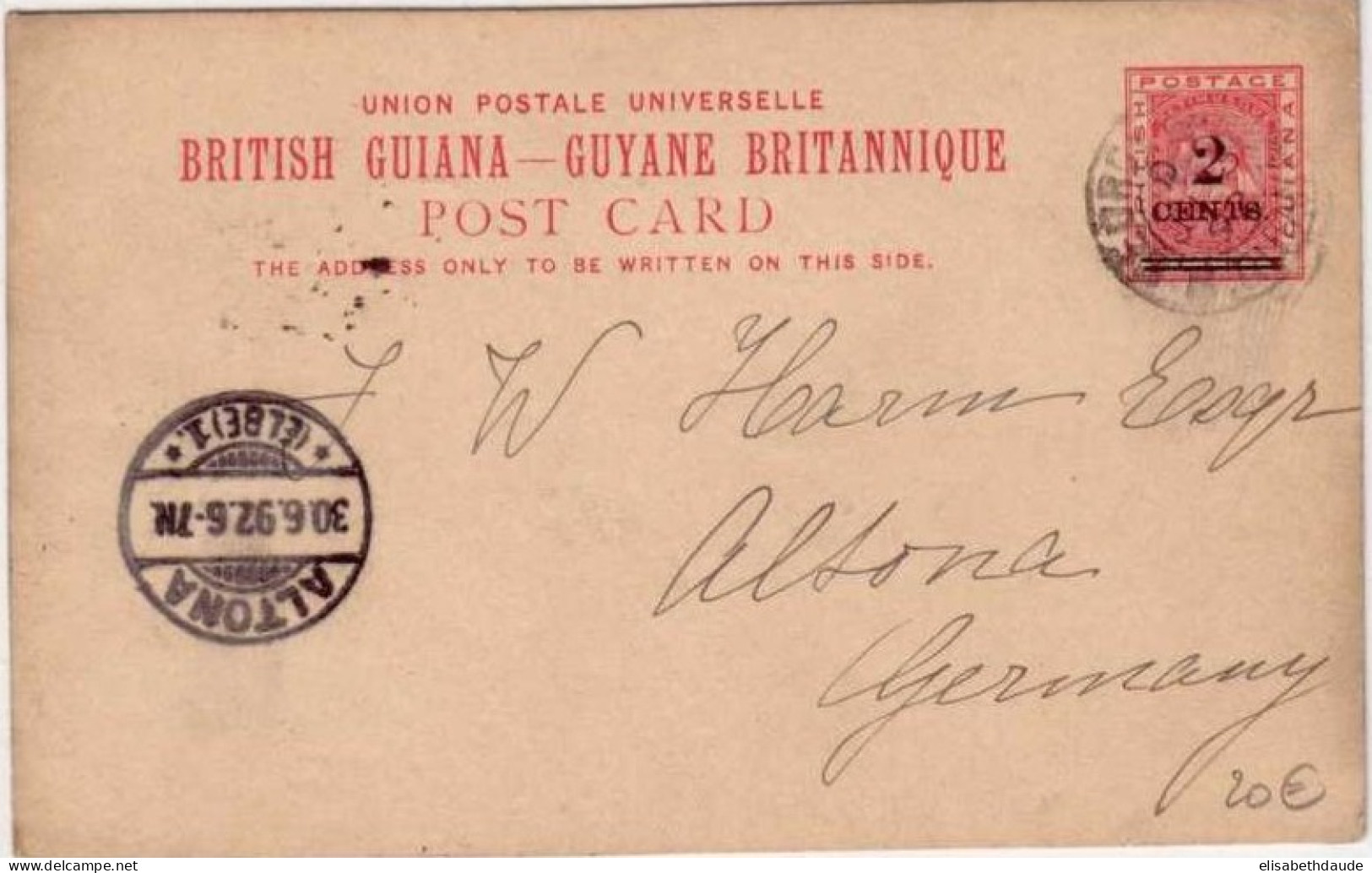 BRITISH GUIANA - 1892 - CARTE POSTALE (ENTIER POSTAL) De GEORGETOWN Pour ALTONA (ELBE - GERMANY) - Guyana Britannica (...-1966)