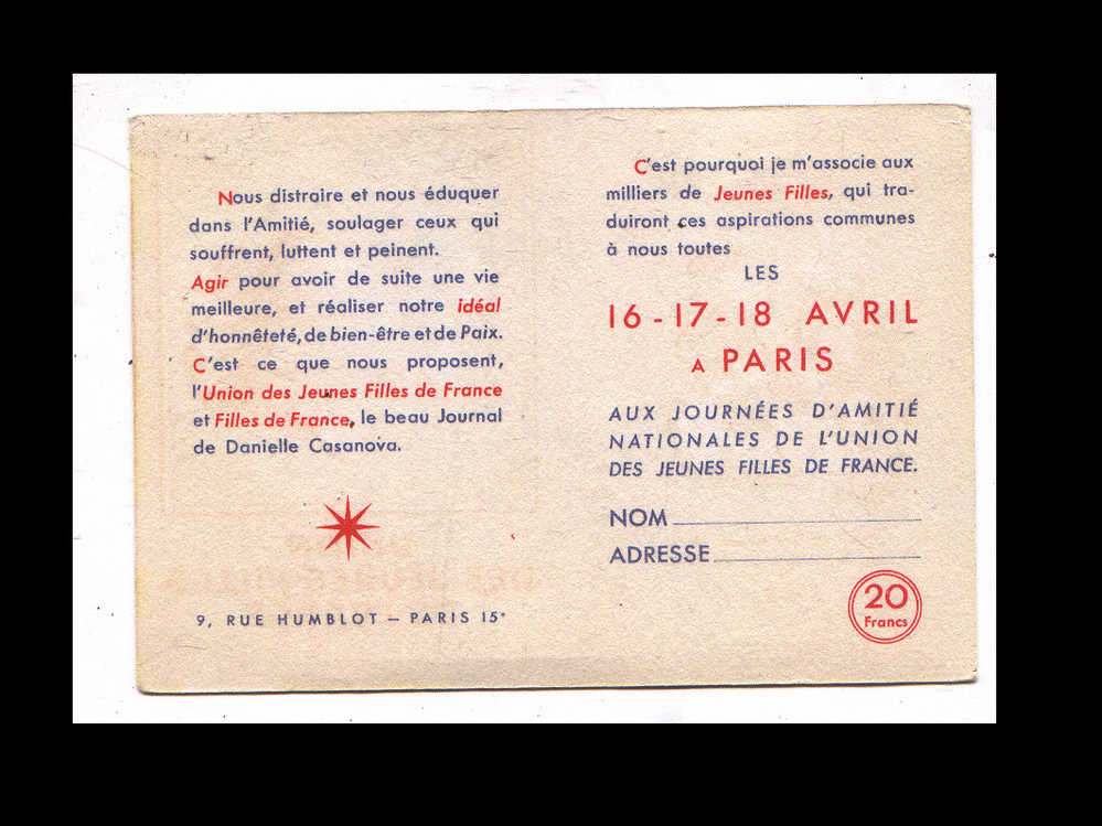 UNION DES JEUNES FILLES DE FRANCE  1949 - Political Parties & Elections