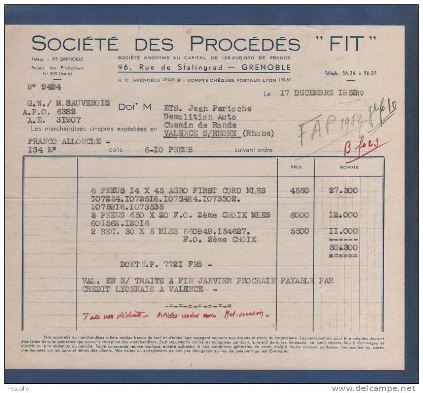 FACTURE 1952 SOCIETE DES PROCEDES F.I.T. GRENOBLE - PNEUS - Automobile