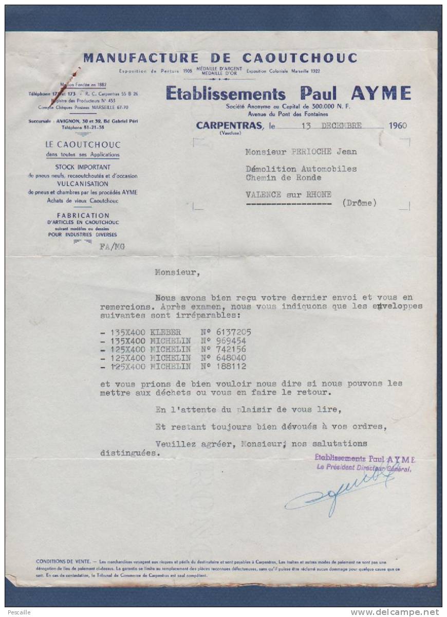 LOT DE 4 LETTRES EN TETE MANUFACTURE DE CAOUTCHOUC ETABLISSEMENTS PAUL AYME CARPENTRAS - 1960 1961 - Automobile