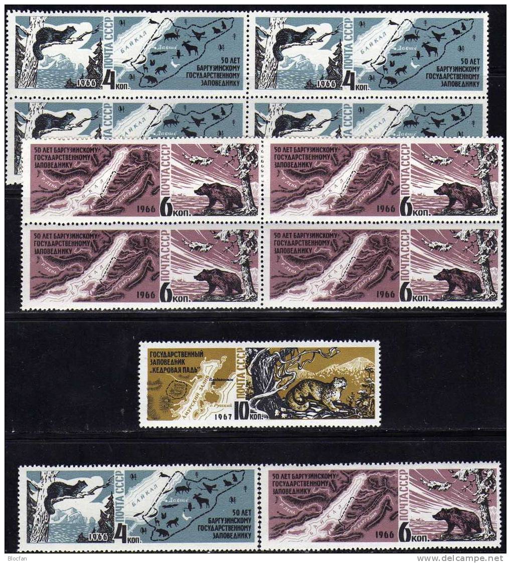 Schnee-Leopard, Zobel, Braun-Bär 1966 SU 3400, 3233/4 Plus 4-Block ** 9€ WWF Naturschutz Bargusin- Zirbelkiefer-Schlucht - Umweltschutz Und Klima