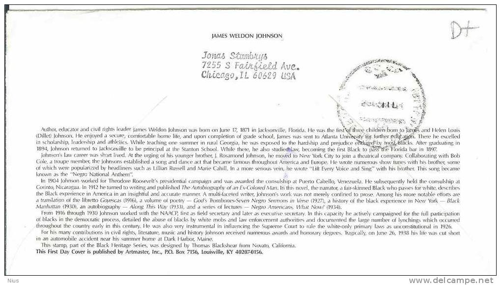 USA United States 1988 FDC Composer Music James Weldon Johnson Songwriter Poet Writer, Canceled In Nashville - 1981-1990