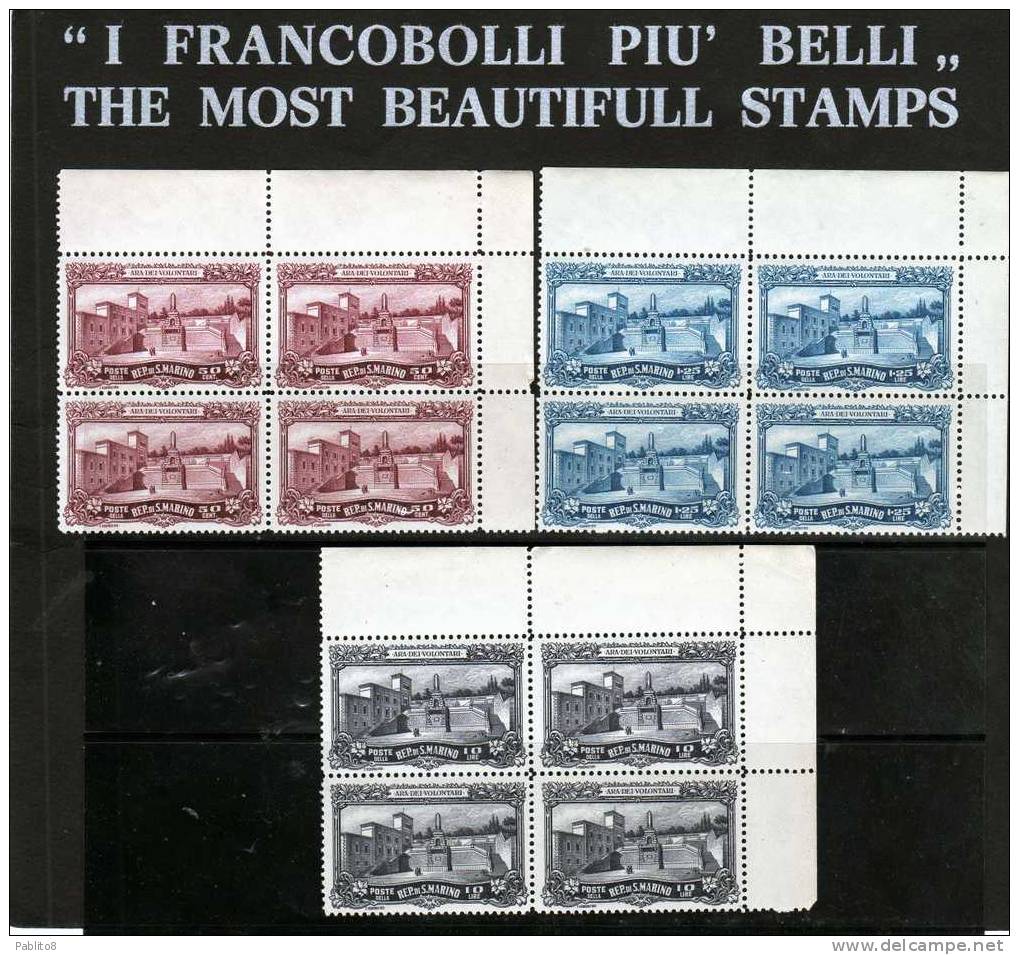 SAN MARINO  1927 ARA DEI VOLONTARI SERIE COMPLETA MNH QUARTINA ANGOLO DI FOGLIO - Unused Stamps