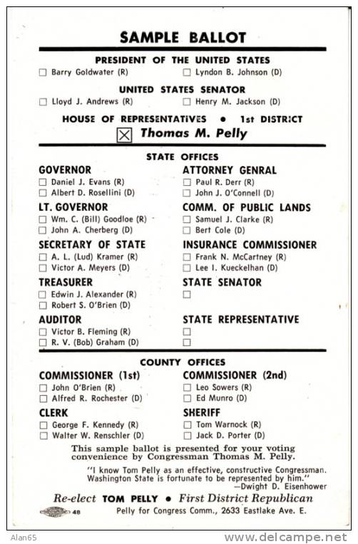 Washington State Sample Ballot, US Representative Thomas Pelley Republican, On C1950s/60s Vintage Postcard - Partis Politiques & élections