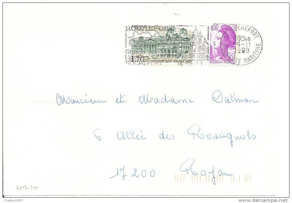 N Y&t  2948+2184  LETTRE  ROCHEFORT SUR MER    Vers    ROYAN      Le   06 NOV 1989 - Lettres & Documents