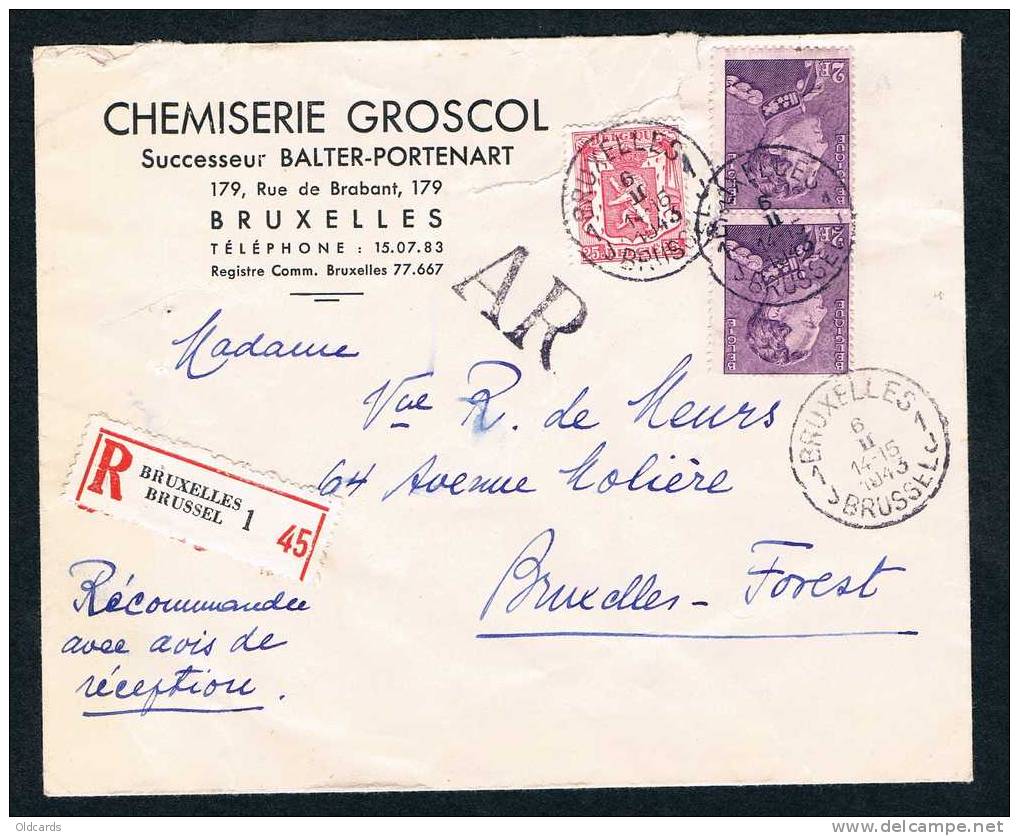Lettre Recomm. AR Affr. N°423+431 X2 De "BRUXELLES/1943" Pour Forest. - Lettres & Documents