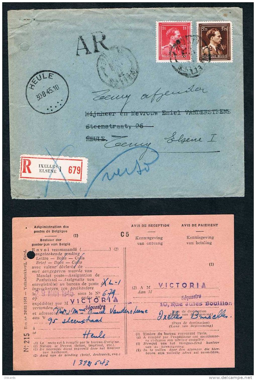 Lettre Recomm. AR Affr. N°690+695 De "IXELLES/1945" Pour Heule + Retour. - Lettres & Documents