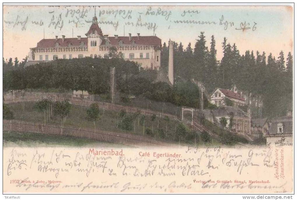 Marienbad Cafe Egerländer 3.6.1902 Col Marianske Lazne Handcolorirte Künstlerkarte - Boehmen Und Maehren