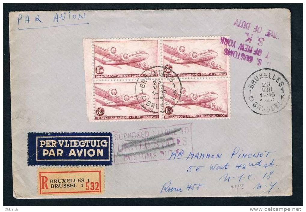 Lettre Par Avion Recomm. Affr. 419+676A+PA9 En Bloc De 4 De "BRUXELLES/1946" Pour Les USA  + Encad. "SUPPOSED LIABLE TO" - Lettres & Documents