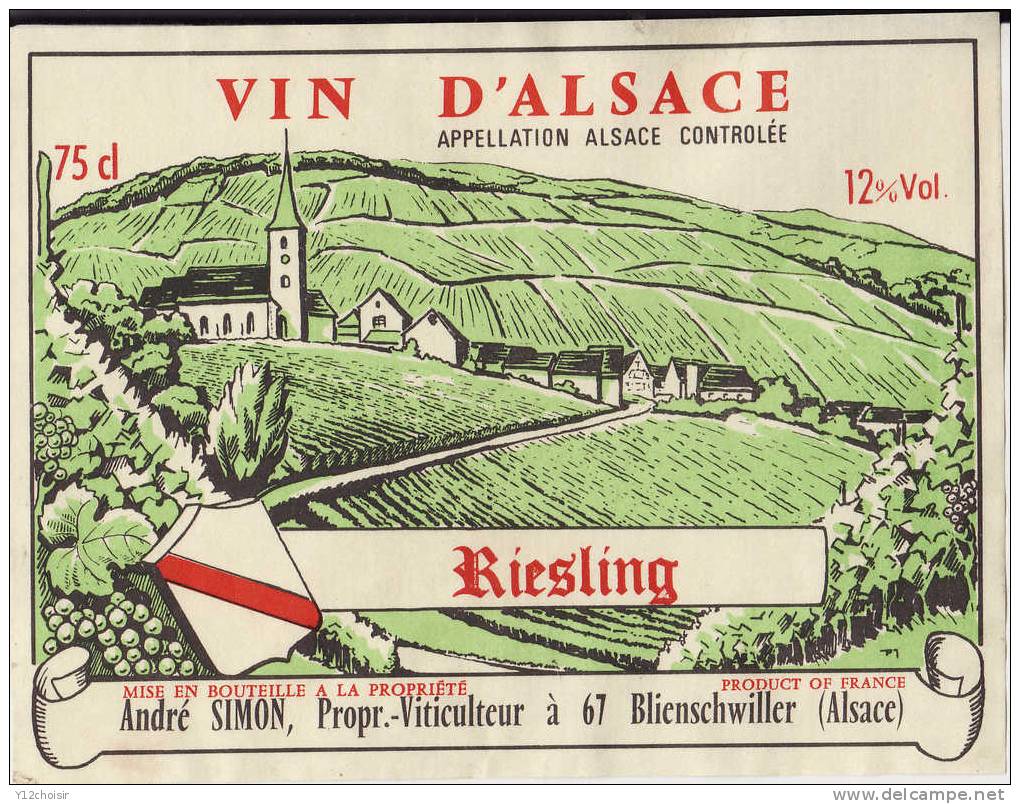 ETIQUETTE VIN D ALSACE BLANC RIESLING BLIENSCHWILLER 67 BAS RHIN  MISE BOUTEILLE PROPRIETE ANDRE SIMON VILLAGE EGLISE - Riesling