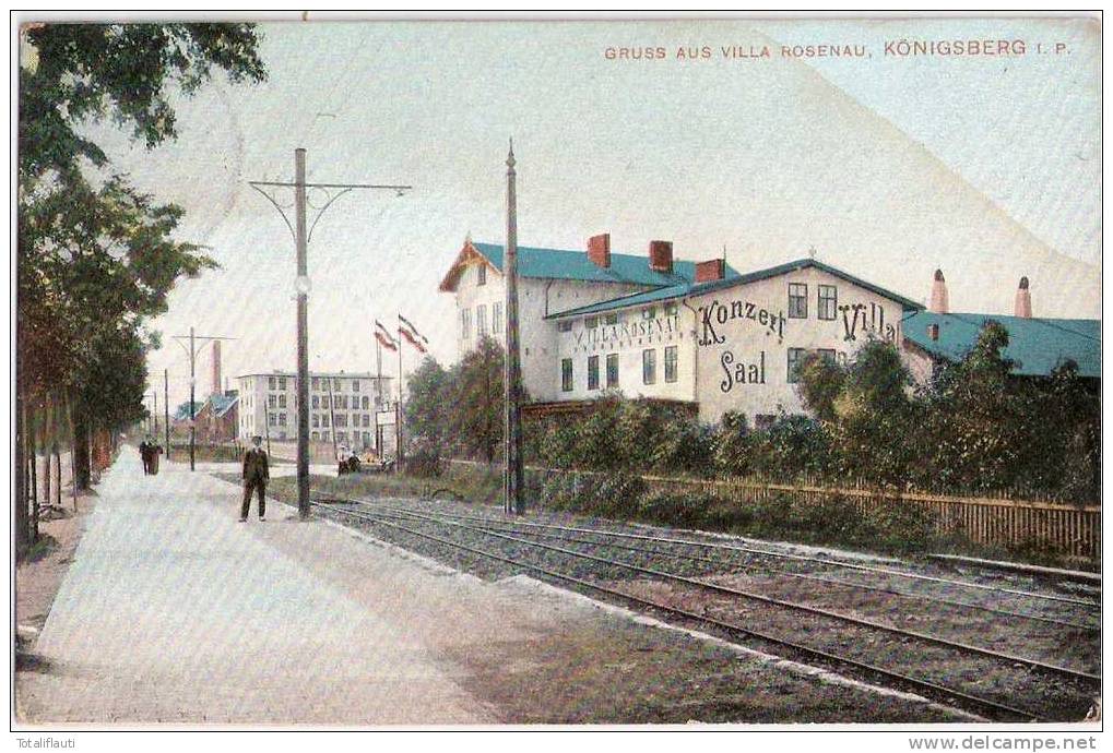 Königsberg Villa Rosenau Konzertsaal Color Belebt 3.12.1909 Gelaufen Bahnhof Eisenbahn Schienen - Ostpreussen