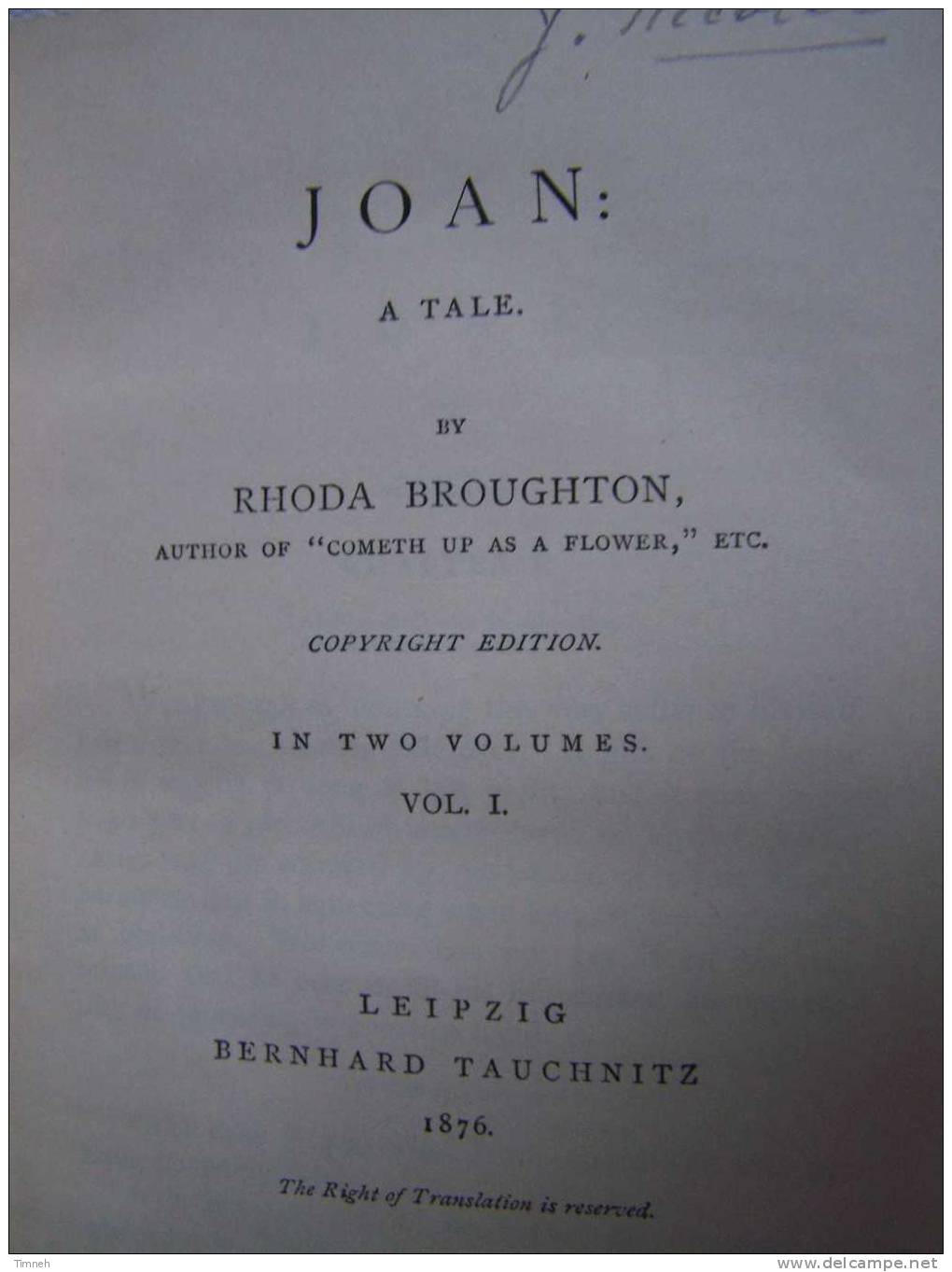 N°1627.RHODA BROUGHTON-JOAN A Tale-volume 1 Only-tome 1-collection Of British Authors-TAUCHNITZ- - Family/ Relationships