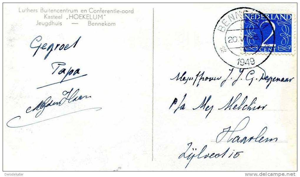 Luthers Buitencentrum En Conferentie-oord Kasteel Hoekelum Jeugdhuis Bennekom. 1949.2 Cent Zegel.Gelopen.Stempel Benneko - Ede