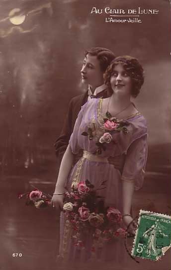 SERIE DE 5 CPA  ! COUPLE HOMME FEMME AU CLAIR DE LUNE  ** SET OF 5 REAL PHOTO POSTCARDS ROMANTIC COUPLE IN MOONLIGHT - Couples