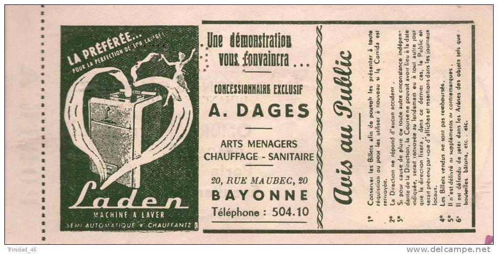 BAYONNE BIARITZ 1957  BILLET D´ ENTREE A L´ ARENE CORRIDA TAUROMACHIE  TRES BELLE ILLUSTRATION  ! ! ! - Tickets D'entrée