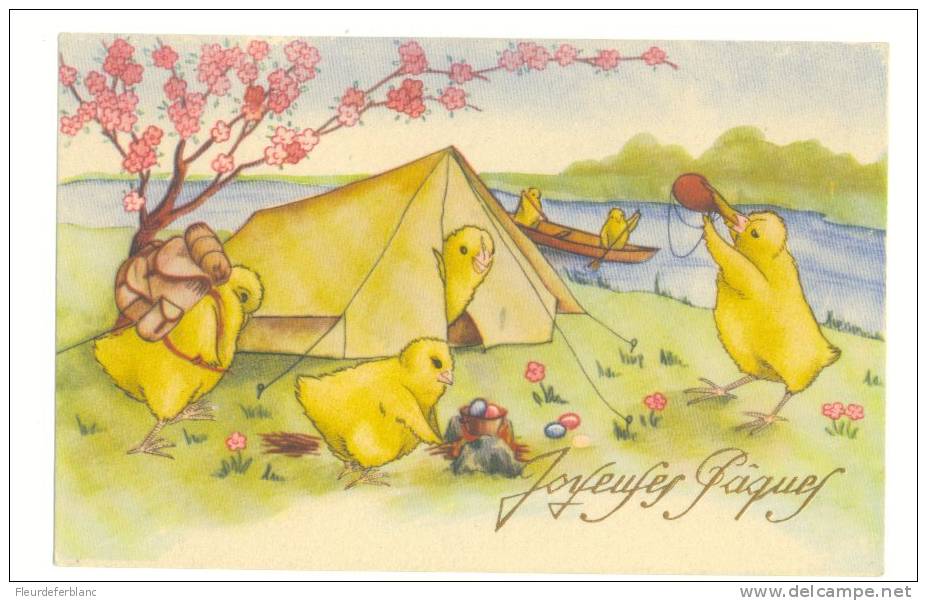 Poussins Campeurs  (scouts) - CPA - Tente Canadienne, Canoé : "Joyeuses Pâques" - Illustrateur - Scoutisme