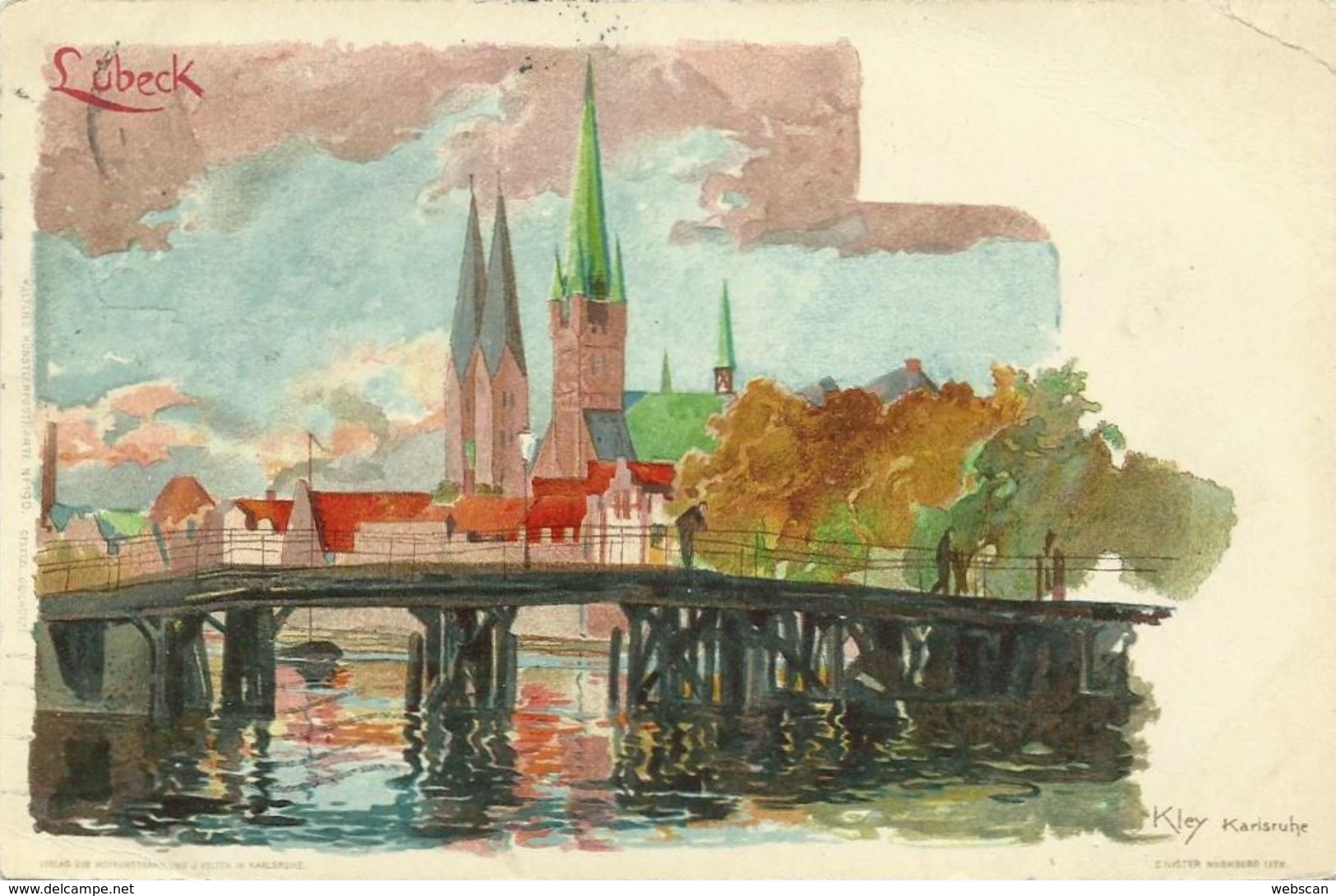 AK Lübeck Ortsansicht Künstler Kley Farblitho 1908 #23 - Kley