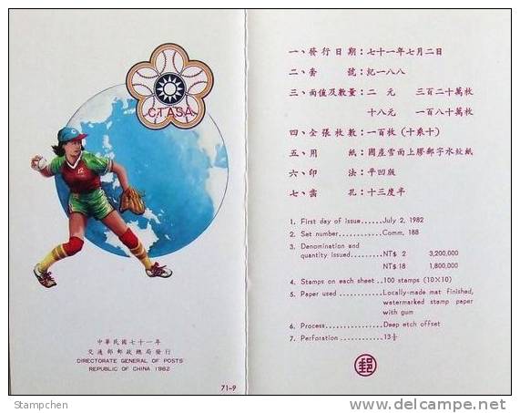 Folder Taiwan 1982 Softball Championship Stamps Sport Map - Neufs