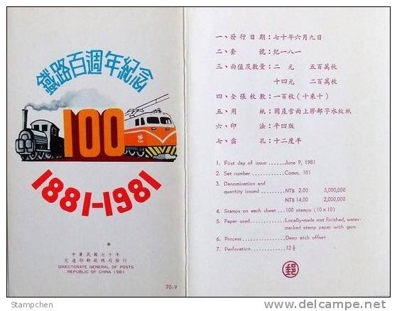 Folder Taiwan 1981 Centennial Of Railway Stamps Train Locomotive Railroad - Nuovi