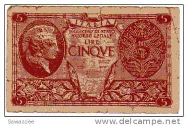 BILLET ITALIE - P.31 - (VOIR SIGNATURES) - 5 LIRES - 1944 - Italia – 5 Lire