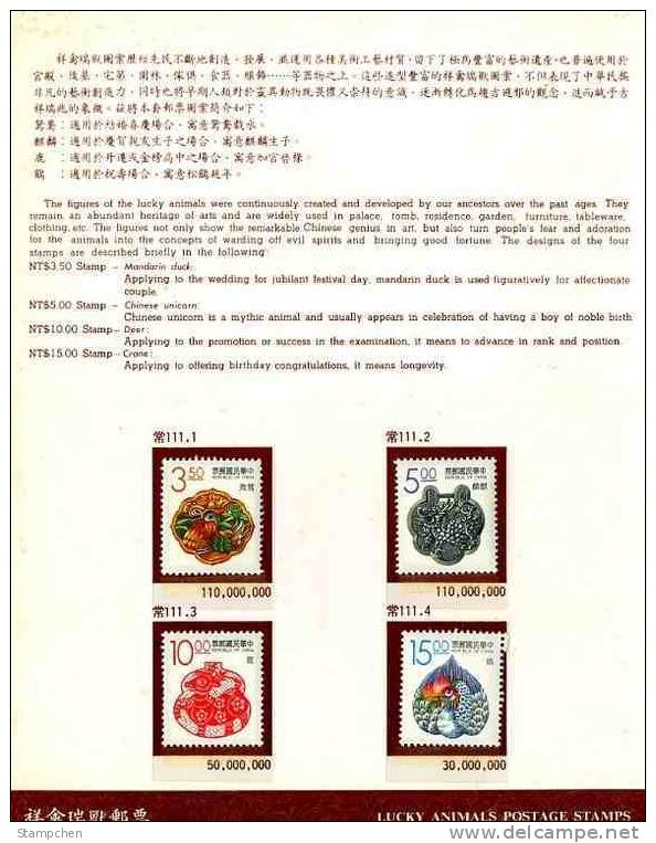 Folder Taiwan 1993 Lucky Animal Stamps Bird Turtle Tiger Crane Dragon Deer Duck Unicorn Tortoise - Ungebraucht