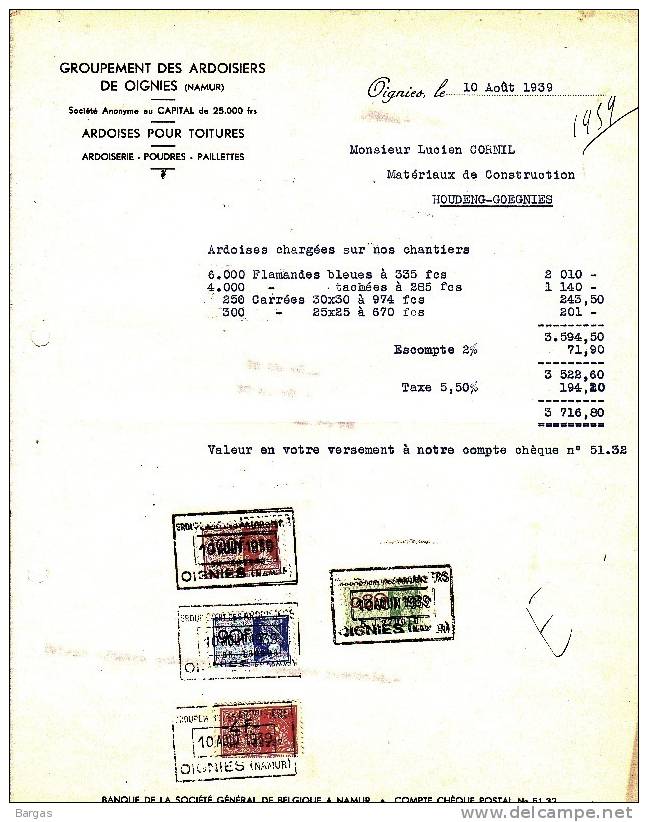 Ardoise Ardoisière Des Ardoisiers De Oignies Namur Timbres - Andere & Zonder Classificatie