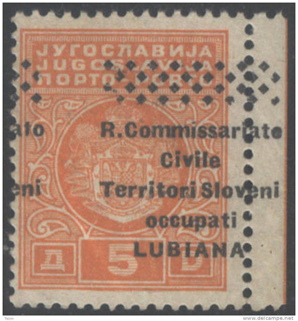 1941 LUBIANA - SEGNATASSE-  SOPRASTAMPA SPOSTATA ORIZZONTALE-  5 D  MHN**- CERTIF. J.BAR - Lubiana