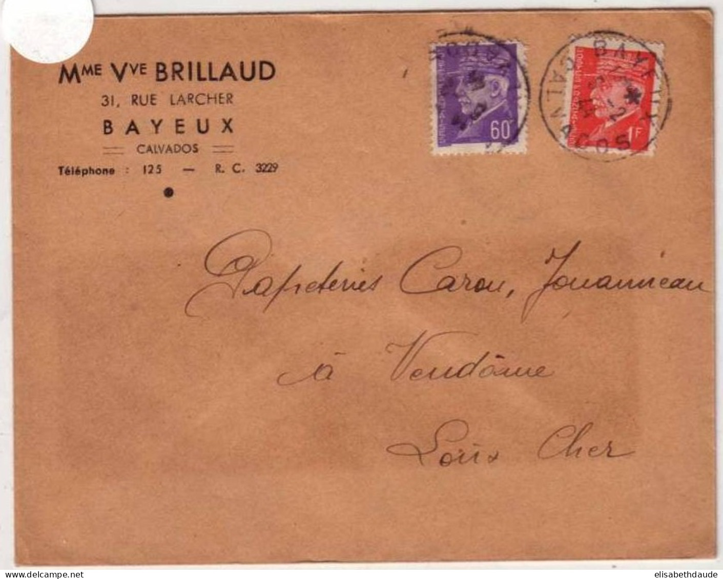 CALVADOS - Yvert N° 509+514 Sur LETTRE De BAYEUX Pour VENDÔME - 1941-42 Pétain