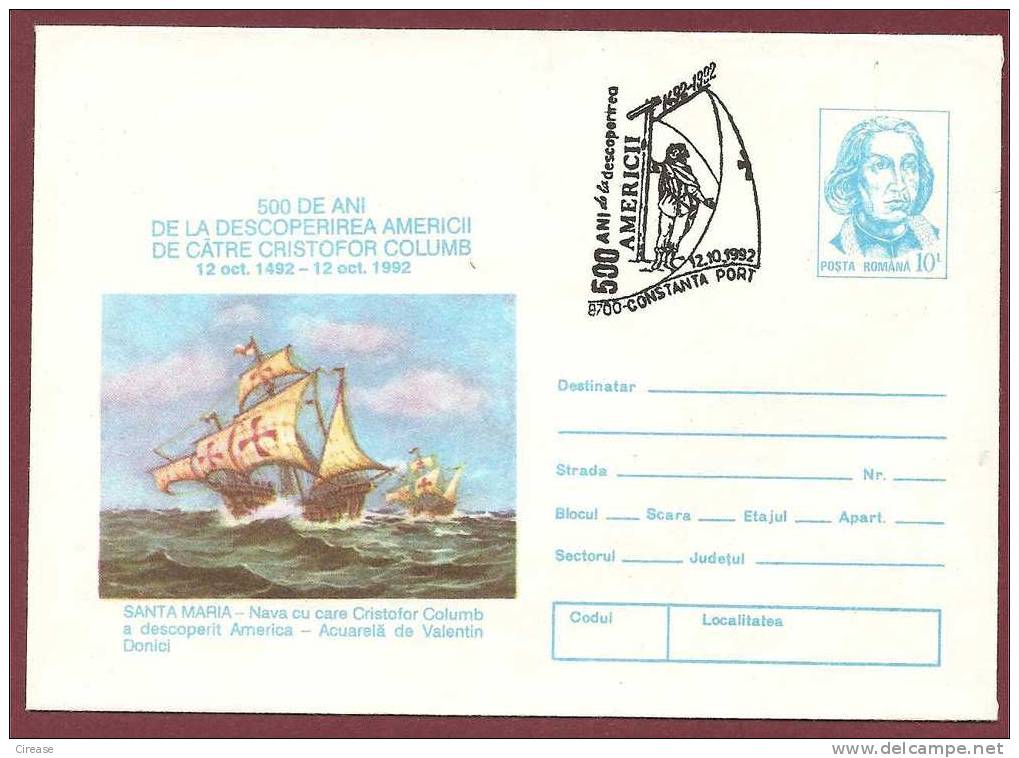 The Ship Santa Maria. Christopher Columb.  ROMANIA Postal Stationery Cover 1992 - Christopher Columbus