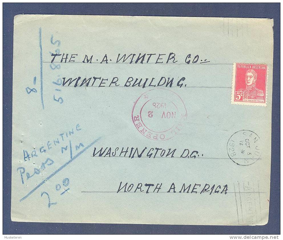 Argentina SAN JUAN 1928 Cover To Washington D.C. Purple MAIL OPENER Cancel General San Martin - Storia Postale