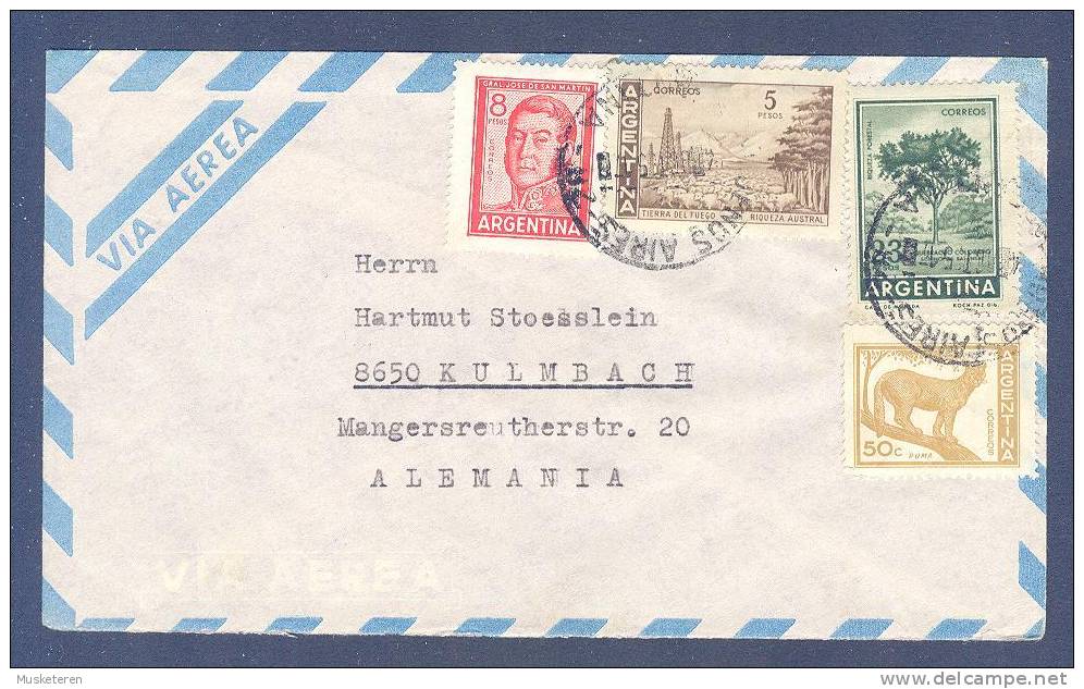 Argentina Airmail Via Aerea BUENOS AIRES 1951 Cover Kulmbach Alemania Germany Puma San Martin Tierra Del Fuego - Poste Aérienne