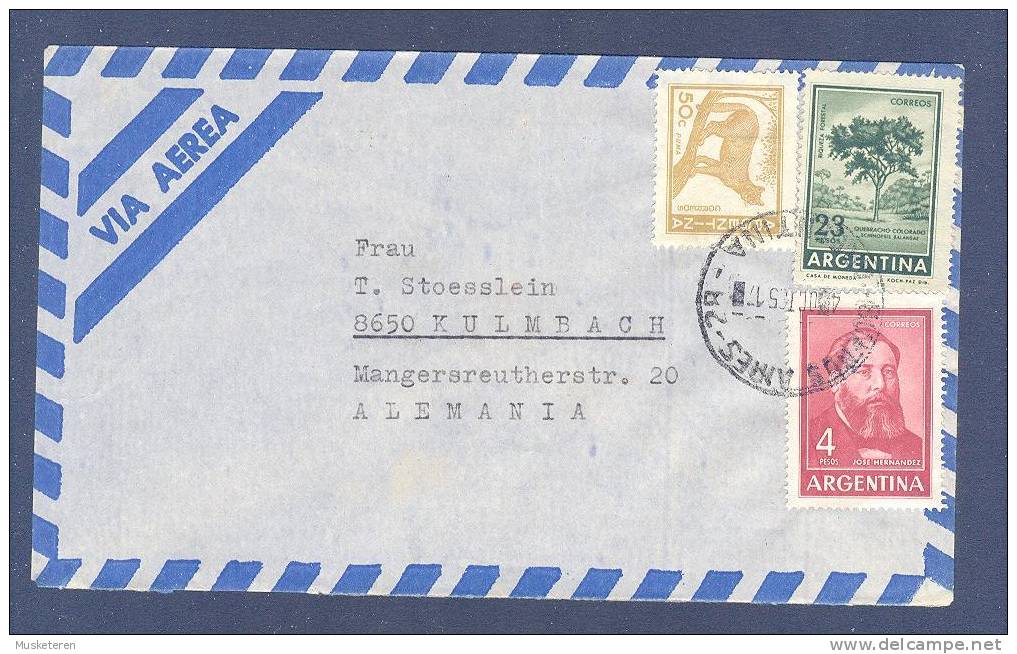 Argentina Airmail Via Aerea BUENOS AIRES 1951 Cover Kulmbach Alemania Germany Puma Jose Hernandez - Luchtpost