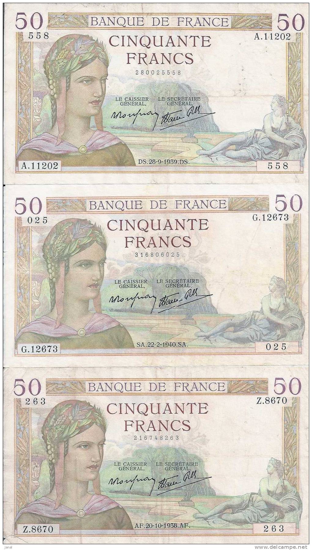 - FRANCE - BILLETS - LOT DE 4 CERES - 50 F - 1938-1939-1939-1940 - - 50 F 1934-1940 ''Cérès''