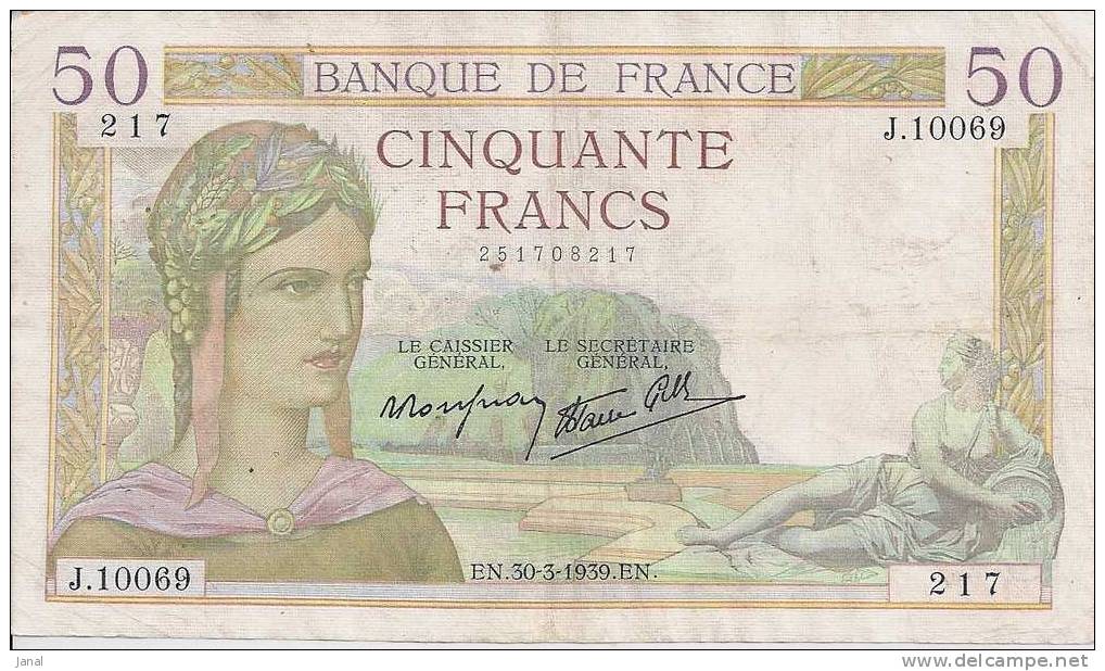 - FRANCE - BILLETS - LOT DE 4 CERES - 50 F - 1938-1939-1939-1940 - - 50 F 1934-1940 ''Cérès''